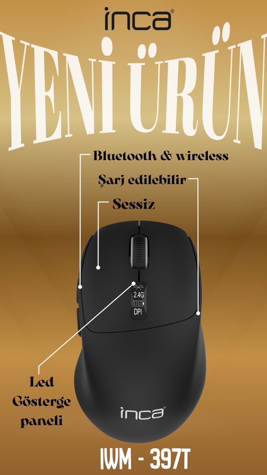 NCA IWM-397T Bluetooth & 2.4G Kablosuz siyah LED Gösterge Ekranı Şarjlı Mouse
