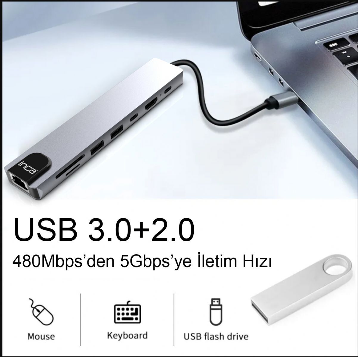 INCA ITPC-7T 8 Port Type-C Hub+Çevirici Aluminyum Çoklayıcı