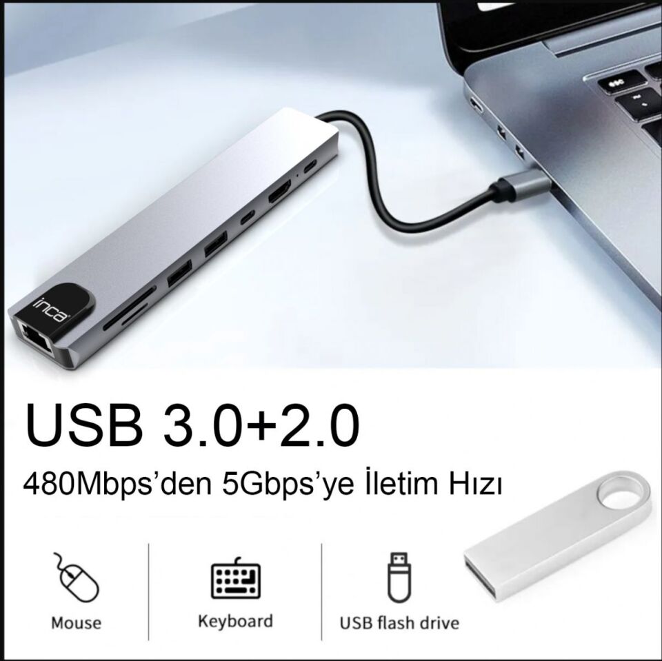 INCA ITPC-7T 8 Port Type-C Hub+Çevirici Aluminyum Çoklayıcı