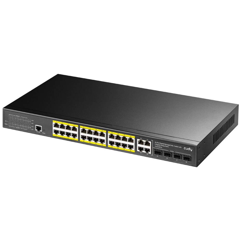 CUDY GS2028PS4-400W 28 Port Gbit 24 Port PoE+ 400W 4xCombo Uplink Rack mount Yönetilebilir (L2) Switch