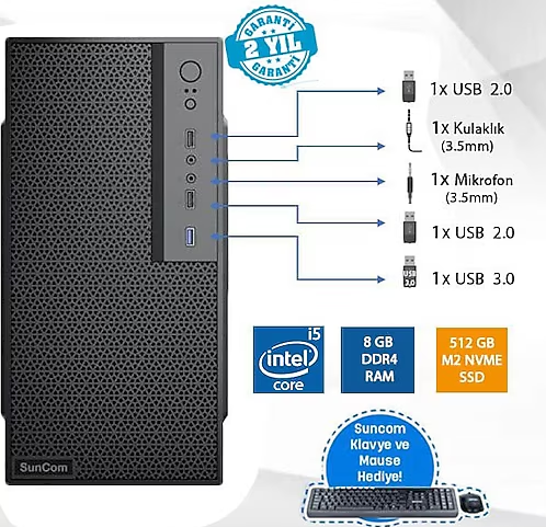 SUNCOM Force SC3-137-V2 i5-7500 8GB 512GB SSD O/B DOS Masaüstü PC (NO-KLV-MOU)