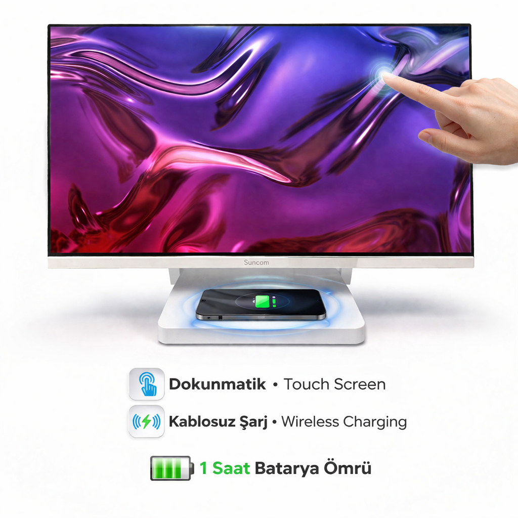 SUNCOM Touch SCA-134T i5-14450H 16GB 512GB SSD O/B Dokunmatik 23.8'' Beyaz DOS All in One PC Bataryalı 1 Saat Batarya Ömrü + Dokunmatik + Kablosuz Telefon Şarj Özelliği + Katlanabilir Yapı